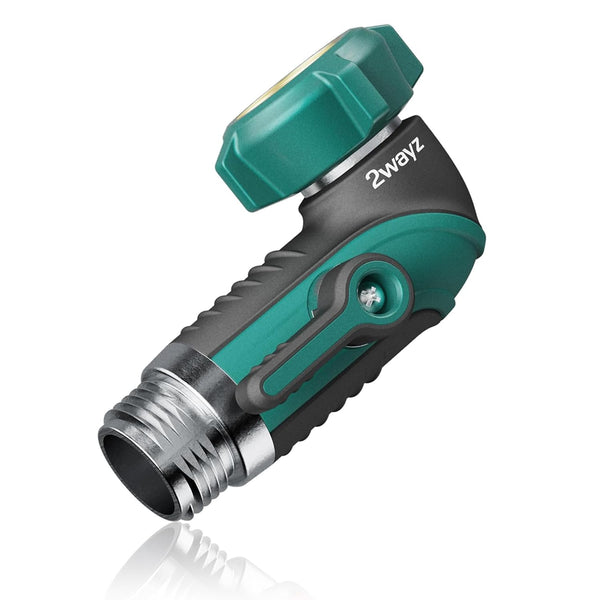 2WAYZ 90 Degree Hose Elbow Adapter - Heavy Duty Full Metal Body Garden Hose Shut Off Valve - 3/4-Inch Inlet and Outlet Angle Connector for RV, Waterhose Elbow - 2.3x2.3x4.1-Inch (Green and Black) - image 1