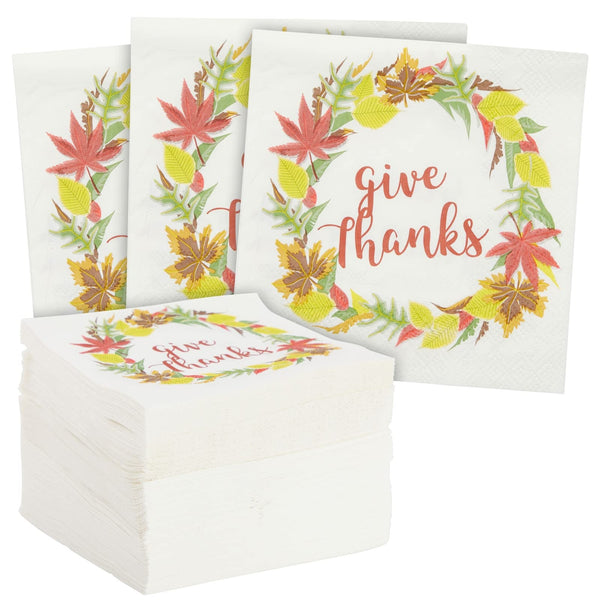 BLUE PANDA Disposable Decorative Square Dinner Napkins - 5 x 5 In, 3-Ply Paper, 100 Count, Orange & White - Fall Leaves Wreath Design Party Napkins for Entertaining - image 1