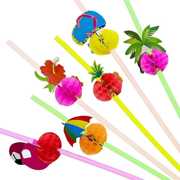 BLUE PANDA Cocktail Straws - 100 Pack, Multicolor, 9.5-Inch, 6 Tropical Designs - Beach Party Straws - Margarita Glasses & Cocktail Decor - image 1