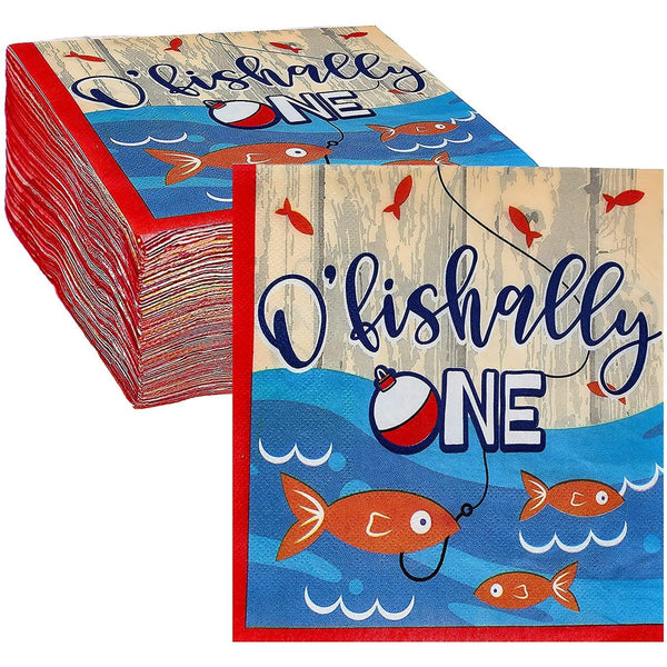 BLUE PANDA O'fishally One Birthday Napkins - 6.5 In, 2-Ply, 100 Count - Fishing Theme Party Napkin for 1st Birthday Party - image 1