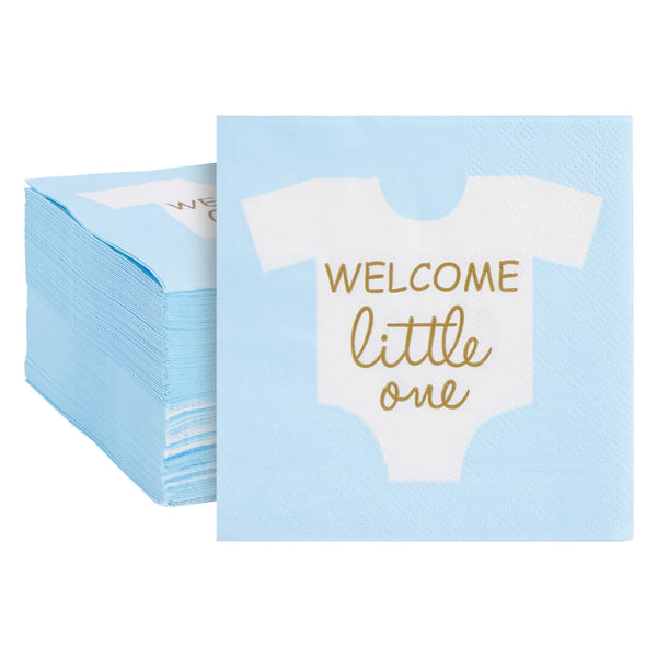 BLUE PANDA Baby Boy Shower Decorations - 5 x 5 In Light Blue & Gold Foil, 100 Pack Napkins - Welcome Little One Design Napkins for Baby Shower - image 1
