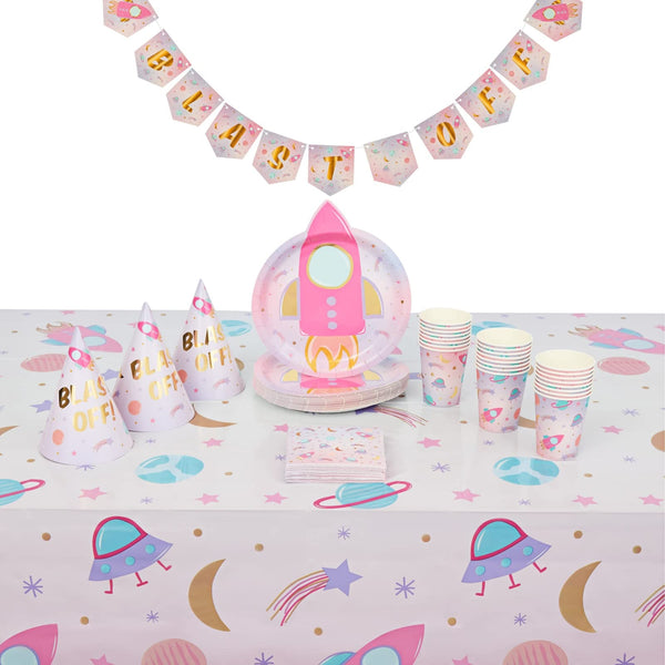 Blue Panda 100-Piece Space Girl Birthday Decorations & Party Supplies - Pink Theme for 24 Guests - Includes Plates, Cups, Napkins, Party Hats, Table Covers & Banner - image 1
