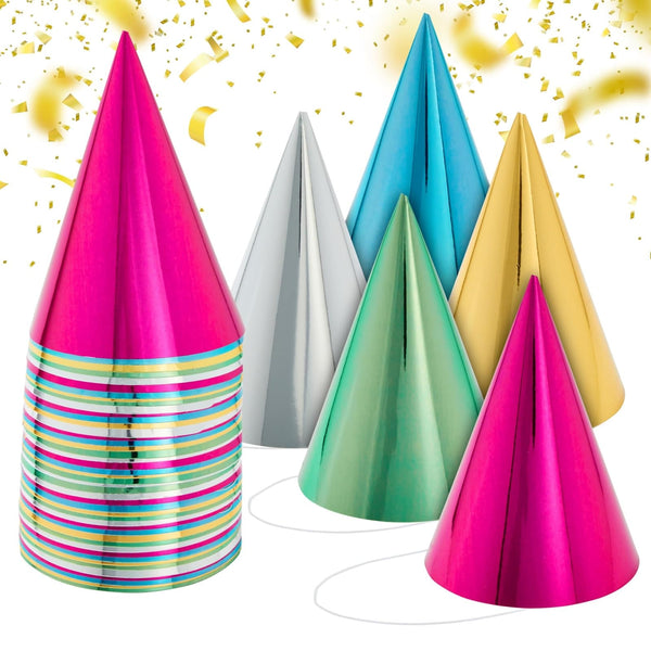 Blue Panda Metallic Birthday Party Cone Hats for Kids & Adults, 100 Pack in 5 Colors – Blue, Green, Gold, Silver & Hot Pink, Adjustable Elastic String, Bulk Party Hats for Birthdays & Celebrations - image 1