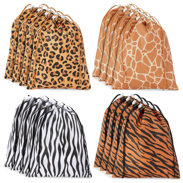 BLUE PANDA 12-Pack Animal Print Drawstring Party Gift Bags - 10 x 12 in Polyester - Safari & Jungle Party Favors - Animal Print Cinch Bags - image 1