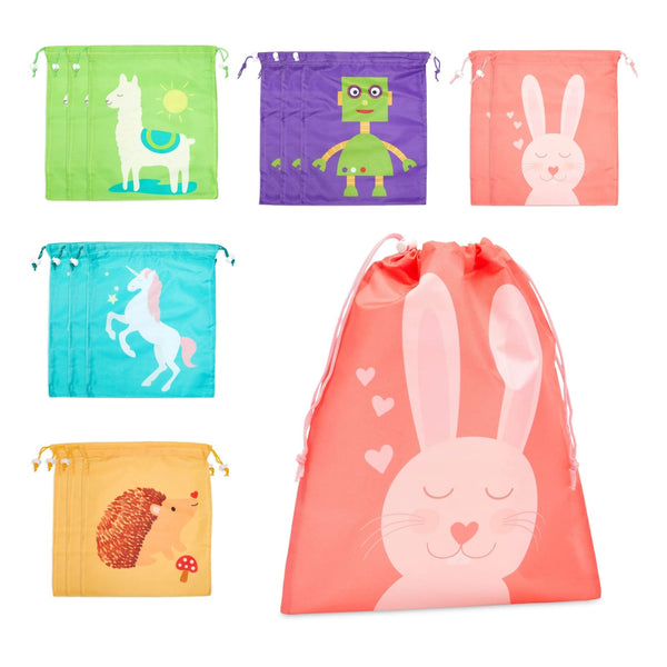 BLUE PANDA 15 Drawstring Bags Animal Party Favor Pouches - 10 x 12 in Reusable Polyester - Five Designs Unicorn, Hedgehog, Rabbit, Llama & Robot - Toddler Birthday Return Gift Bags - image 1