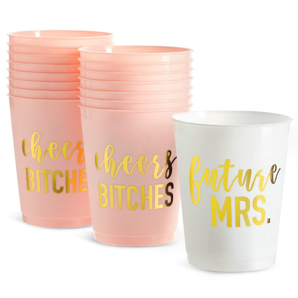 BLUE PANDA Bachelorette Party Cups - 16 Pack, 16 Oz, Pink & White Reusable Plastic for Bachelorette Party Supplies & Favors, Bridesmaid Cups, Gold Foil Cheers & Future Mrs Script - image 1