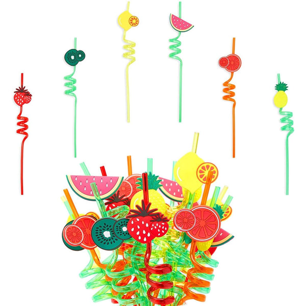 24 Pcs Reusable Tropical Plastic Drinking Straws with Fruit Charms for Home Summer Party, 6 Designs, 10.75 in - image 1