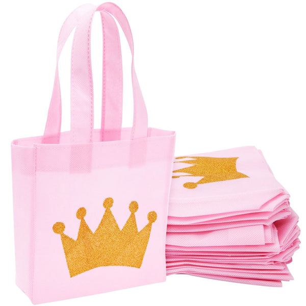 BLUE PANDA 24-Pack Princess Party Favor Bags - 6.5 x 7 x 2 in Pink Canvas Pouches - Reusable & Non-Woven Crown Treat Pouches - Bags for Princess Birthday Party Decorations - image 1