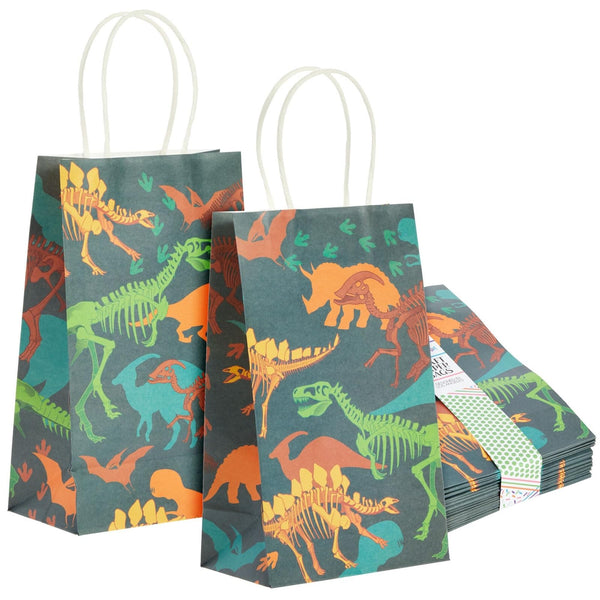 BLUE PANDA Dinosaur Party Favor Bags - 24-Pack, 5.3 x 3.2 x 9 in, Assorted Colors - Skeleton Print Kraft Paper Gift Bags With Handles - For Party Treats & Candy - image 1
