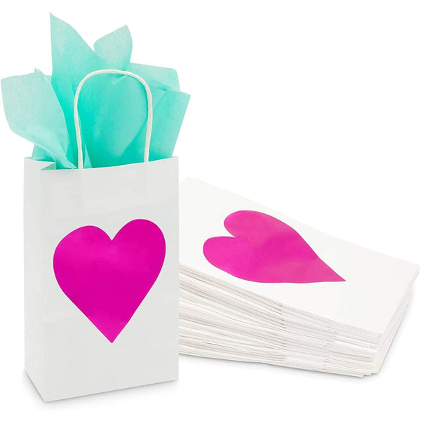 White Gift Bags with Handles for Valentines, Hot Pink Heart (24 Pack) - image 1
