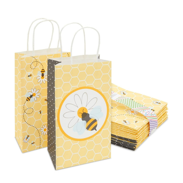BLUE PANDA Bumble Bee Party Paper Gift Bags - 5.3 x 9 x 3.1 In, 24 Pack, Yellow - Gift Bags with Handles for Bee Party & Baby Shower Favors - Kraft Paper Honeycomb Floral Design - image 1