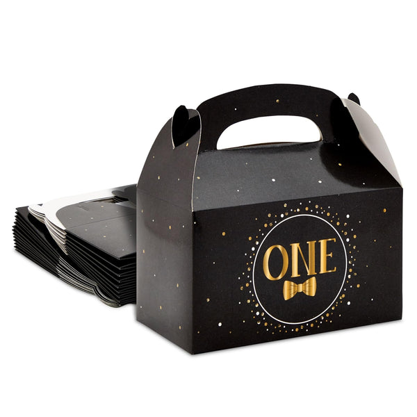 BLUE PANDA Kids Party Treat Kit - 24 Black Matte & Gold Foil Gable Paperboard Favor Boxes - Birthday Grab & Candy Boxes Party Pack for One-Year-Old Boy Decoration - image 1