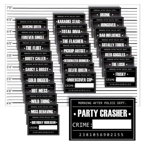Blue Panda 25 Pack Bachelorette Mugshot Signs w/Height Chart - Bachelorette Backdrop for Wedding, Birthday, Jail Party Decorations, Halloween & Crime Scene - 5x4 Ft Mugshot Sign Pack - image 1