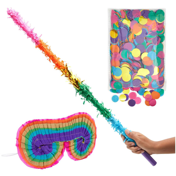 BLUE PANDA 30-Inch Rainbow Pinata Stick with Rainbow Blindfold and Colorful Confetti - Pinata Bat for Birthday Party Supply - image 1