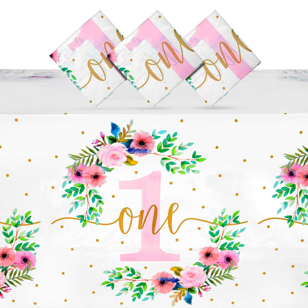 3 Pack Floral Plastic Tablecloth for Baby Girl's 1st Birthday Party Supplies (54 x 108 In) - image 1