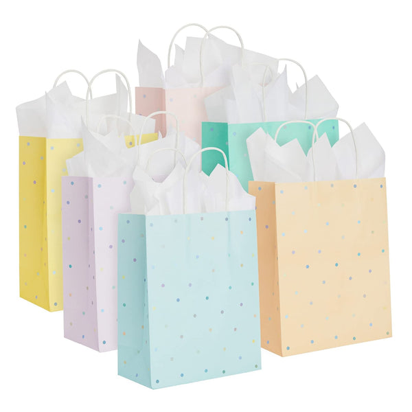 BLUE PANDA Gift Bags with Handles - 10 x 8 x 4In, Pack of 36, Medium, 6 Pastel Polka Dot Colors - Pastel Paper Gift Bags with Tissue Paper for Party Favor, Birthday & Baby Shower - image 1