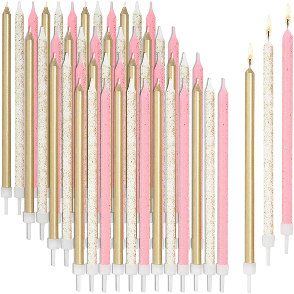 48-Pack Metallic Glitter Confetti Long Thin Birthday Cake Candles 5-Inch with Holders, 3 Colors - image 1