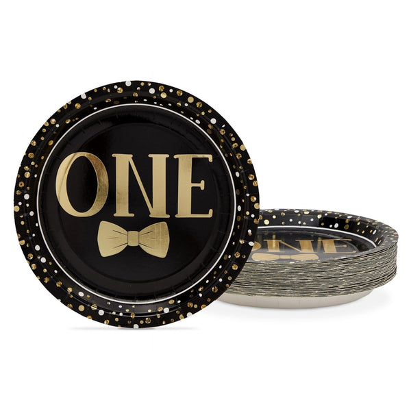 BLUE PANDA Paper Plates - Party Plate - Little Man Bow Tie Design for Vibrant Panda Birthday Decoration - 9 In, Pack of 48, Black & Gold - image 1
