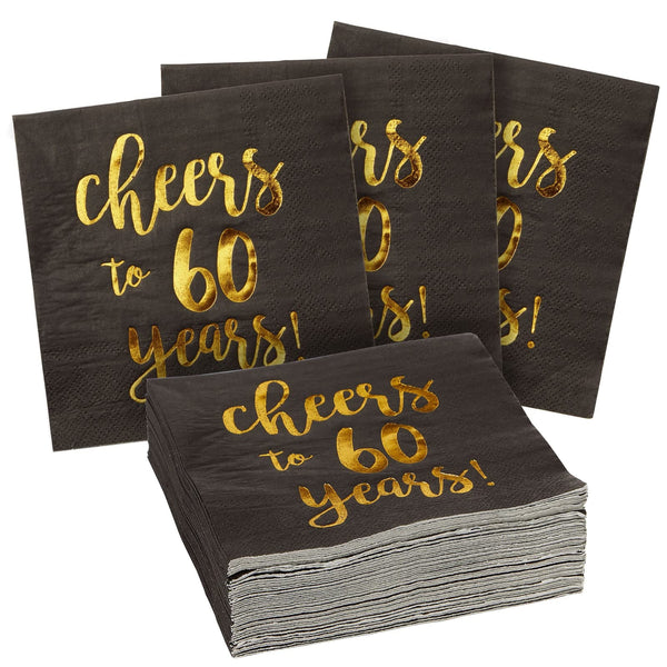 BLUE PANDA Cheers to 60 Years Cocktail Napkins - 60th Birthday Party Napkins - Gold Foil 60th Anniversary Decor - Party Supply Essential - Pack of 50, 3-Ply, 5 x 5 in, Black & Gold - image 1
