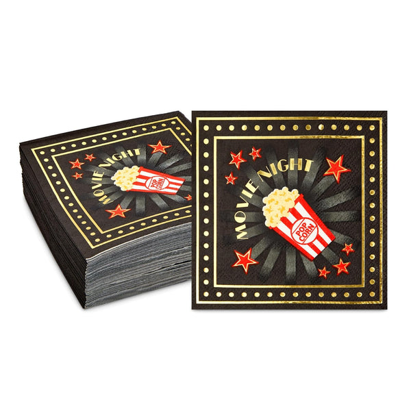 BLUE PANDA Movie Night Napkins - 50 Pack, 3-Ply, 5 x 5 In, Black - Popcorn & Cocktail Paper Napkins for Indoor & Outdoor Movie Night Supplies & Decorations - image 1