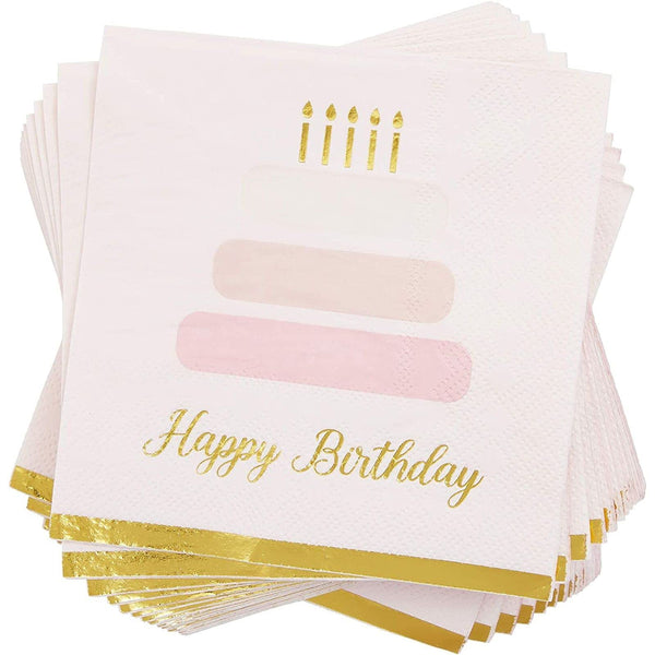 50 Pack Cake Theme Happy Birthday Napkins with Gold Foil Edges (Pink 5 x 5 In) - image 1