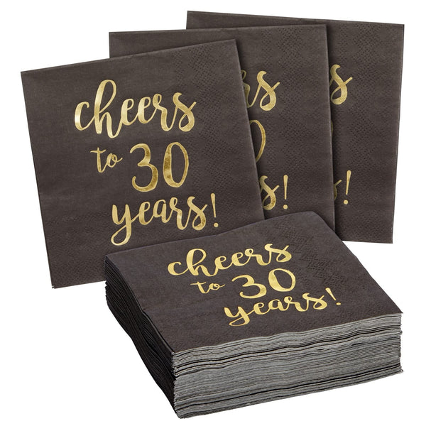 BLUE PANDA 30th Birthday Napkins - 5 x 5 in, 3-Ply, 50 Count, Black & Gold - Cheers to 30 Years Foil Print Napkins - 30th Anniversary Decorations - 30 Balloons - image 1