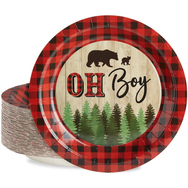BLUE PANDA Lumberjack Baby Shower Paper Plates - 9 In, 80 Count, Buffalo Plaid - Oh Boy Plates for Baby Shower & Durable Party Supply Decor for Boy Party - image 1