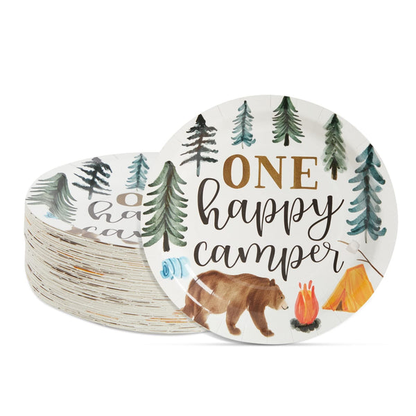 BLUE PANDA 80-Pack One Happy Camper Paper Plates - 9-Inch White Disposable Plates - Forest Bear & Campfire Design - Camping Theme Party & Baby Shower - image 1