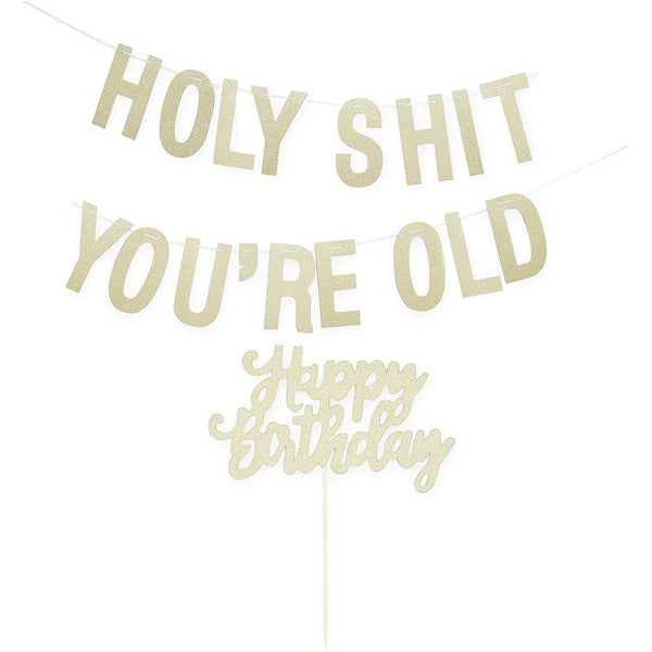 BLUE PANDA Funny Birthday Sign Banner & Cake Topper Set - 10 Ft Gold - Funny Birthday Signs for Milestone Parties - image 1