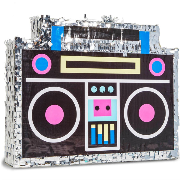 BLUE PANDA Boombox Pinata - 16.5 x 12.8 x 3 In, Silver & Neon - Pinata for Birthdays, 80, 90s Theme Party Decoration & Dance Supplies - image 1