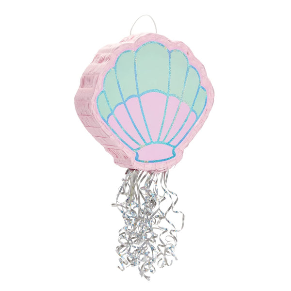 BLUE PANDA Mermaid Pull String Seashell Pinata - Small 13 x 3 x 14 In, Aqua & Pink Seashell - Easy-Fill Pull String for Beach & Ocean Theme, Mermaid Birthday Decorations & Under the Sea Party Decor - image 1