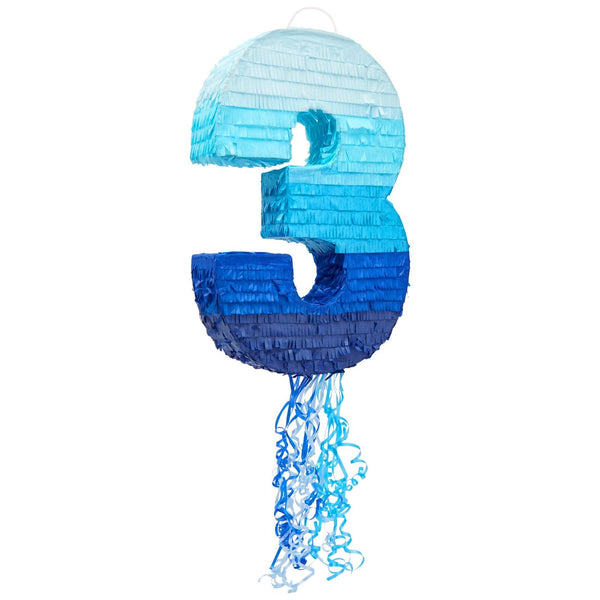 BLUE PANDA Ombre Blue Number 3 Pull String Pinata - Interactive Pull-String Surprise with Number 3 Pinata for Ocean-Themed Birthday Decoration for Boys & Girls - Pack of 1, Paper, 16.5 x 11.5 x 3 in - image 1