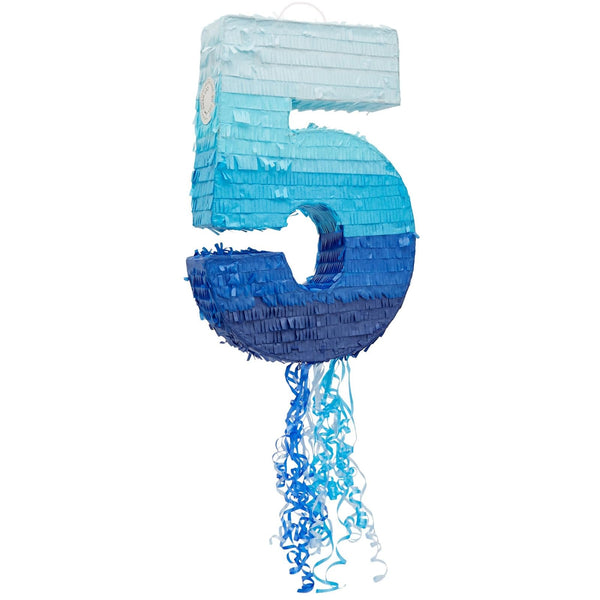 BLUE PANDA Pull String Pinata Number 5 - Ombre Blue, 16.5 x 11.6 In - Pinata for 5 Year Old Boy , 5th Birthday Decorations for Boys - Ribbon Surprise for Candy & Confetti - image 1