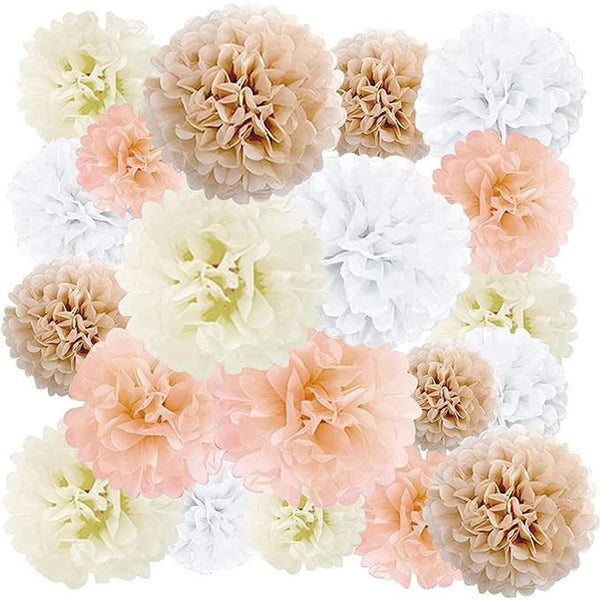EPIQUEONE Tissue Paper Pom Poms - Easy-Hang Ceiling Decoration & Champagne Flower Wall Backdrop - Bridal & Baby Shower Decorations - Garden Party & Wedding Decor - 20 Count White Ivory Peach Champagne - image 1