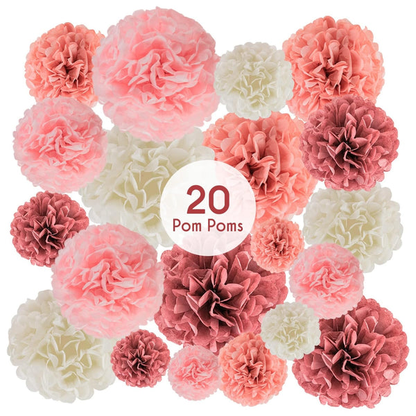 EpiqueOne 20 Piece Tissue Paper Pom Poms | Blush Pink, Dusty Rose, Mauve & Cream | Colorful Paper Flower Wall Decorations for Bridal Showers, Baby Showers, Weddings, Graduations, Tea Parties & More - image 1