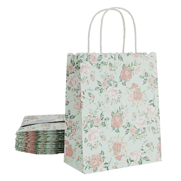 Sparkle and Bash Floral Party Favor Bags with Handles - 24 Pack 8 x 4 x 10 In Light Green Rose Print - Paper Gift Bags for Baby Shower, Bridal & Wedding Favors - image 1