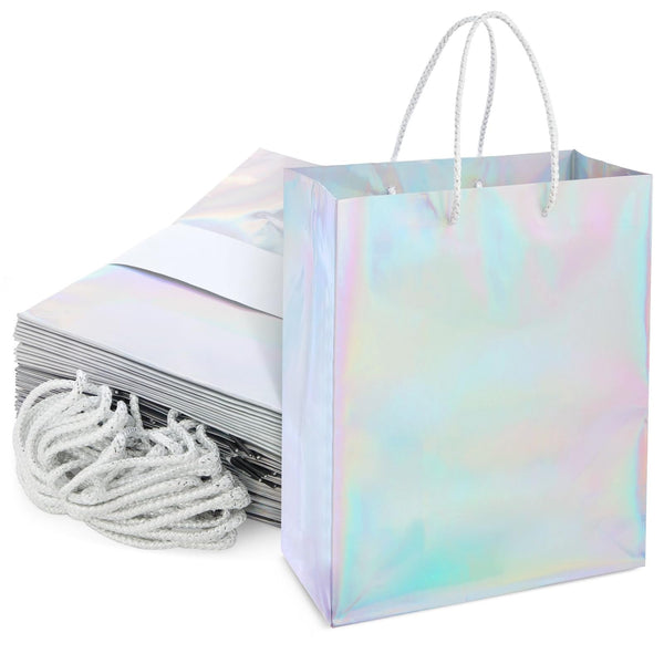 24 Pack Holographic Silver Gift Bags with Handles, 8x4x10 Inch for Wedding, Birthday, Retail, Small Business, Shopping - image 1