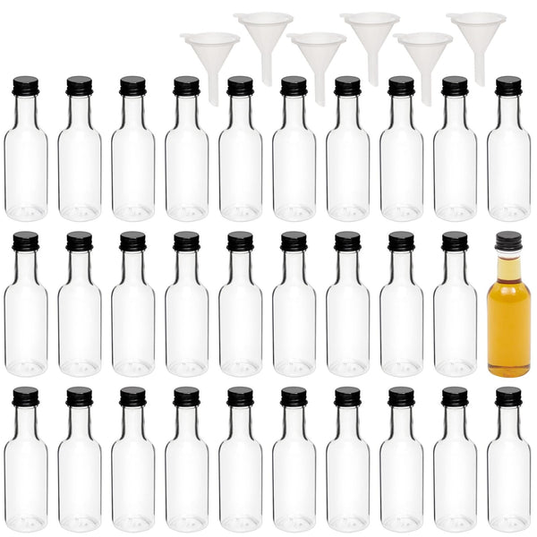 Stockroom Plus 30 Pack Mini Shot Bottles with Caps & Funnels - 50 mL Clear PET - Sample Wine Bottles & Plastic Liquor Containers - Adult Party Favor Pack - image 1
