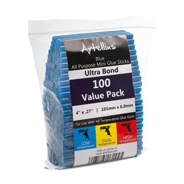 Artellius Hot Glue Sticks - 4 In x 0.27 In, 100-Pack, Yellow, Blue, Gold & Purple, Trigger - All-Temperature Mini Colored Hot Melt Glue Sticks in Bulk for Crafts, Art Supplies & School Supplies - image 1