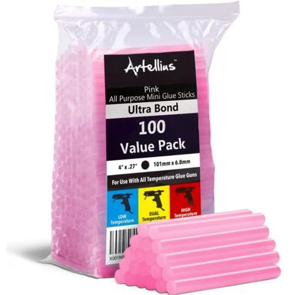 Artellius 100 Pack Hot Glue Sticks 4" x.27" - Ultra Bond Hot Melt Adhesive Mini Glue Sticks for All temperature, Pink Glitter - image 1