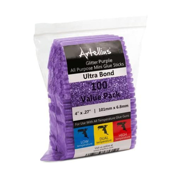Artellius 100 Pack Hot Glue Sticks 4" x.27" - Ultra Bond Hot Melt Adhesive Mini Glue Sticks for All temperature, Purple Glitter - image 1