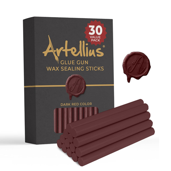 Artellius Sealing Wax Sticks - Dark Red 30-Pack - Odorless Flexible Resin for Wax Seal Stamps - Colored Hot Glue Sticks Fits Standard Glue Guns & Warmers - image 1
