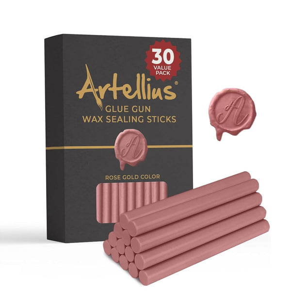 Artellius Rose Gold Sealing Wax Sticks - 30 Pack 4 in x 0.3 in - Gold Wax Seal Designs for Stamps & Crafting - Easy Melt Glue Gun Refills - image 1