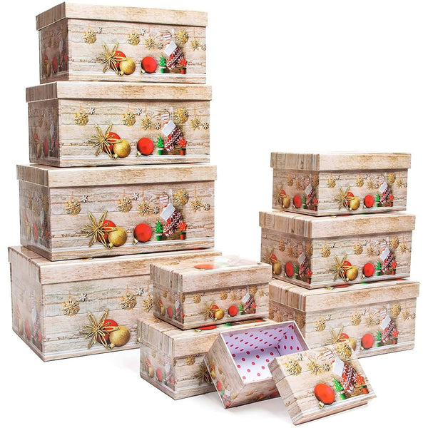 Bright Creations 10 Pack Christmas Nesting Gift Boxes with Lids for Presents, Decorative Nested Holiday Gift Wrap, Get Creative with Festive Nesting Storage Boxes for Xmas Decor (10 Sizes), Brown - image 1