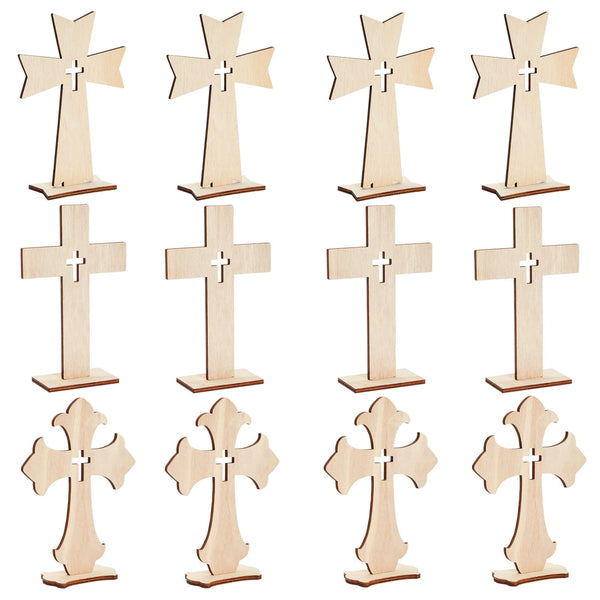 Bright Creations Wooden Crosses for Crafts - DIY Blanks to Paint & Cross Decor with Stands - Baptism Table Centerpieces & Favors - 12-Pack, 3 Sizes, Light Brown - image 1