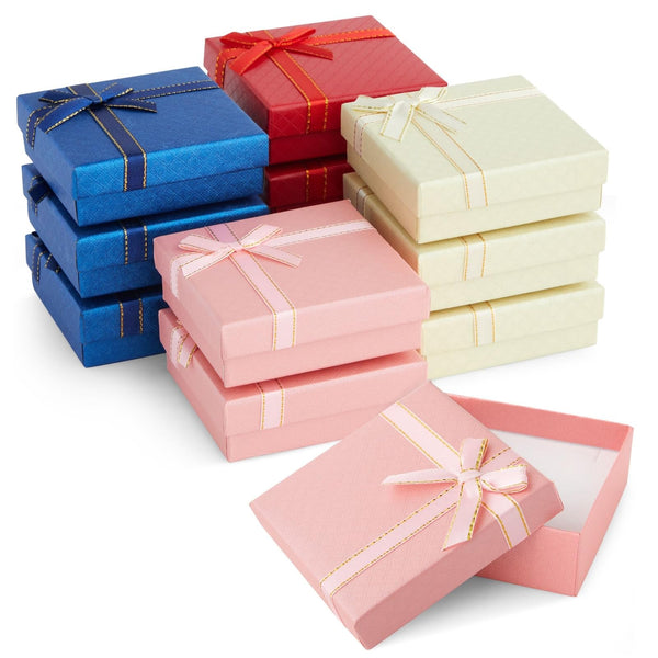 Bright Creations Cardboard Jewelry Gift Box Set - Bulk Gift Boxes with Lids & Ribbon Bows - Packaging for Rings & Necklaces - Earring Case & Bracelet Cases - Pack of 12, 3.5 x 3.5 x 1 in, 4 Colors - image 1