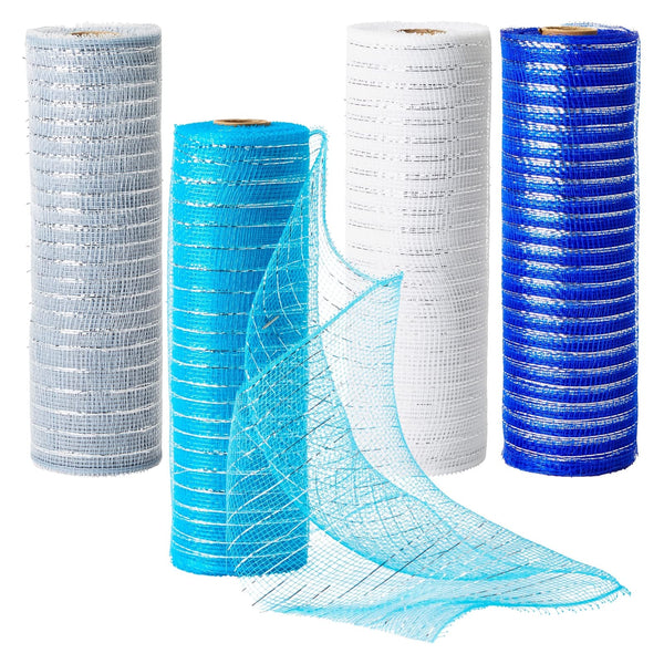 Bright Creations Decorative Mesh Ribbon Rolls - 10 in x 30 ft, 4-Pack, Blue/Silver/White/Royal Blue - Polyburlap Mesh & Metallic Ribbon for Wreath Craft & Deco Wreath Supplies - image 1