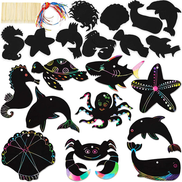 Bright Creations Rainbow Scratch Paper Ocean Animal Ornaments - DIY Doodling Kids Craft Activity - Pack of 50, 5 x 6 in, 10 Designs - image 1