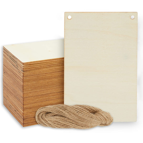 Bright Creations Unfinished Wood Craft Blanks - 3.75 x 5.75 in, Pack of 50 - Jute String Included for Blank Wood Signs & Banners - Great for Stenciling, String Art & DIY Painting - Wooden Plaques Bulk - image 1