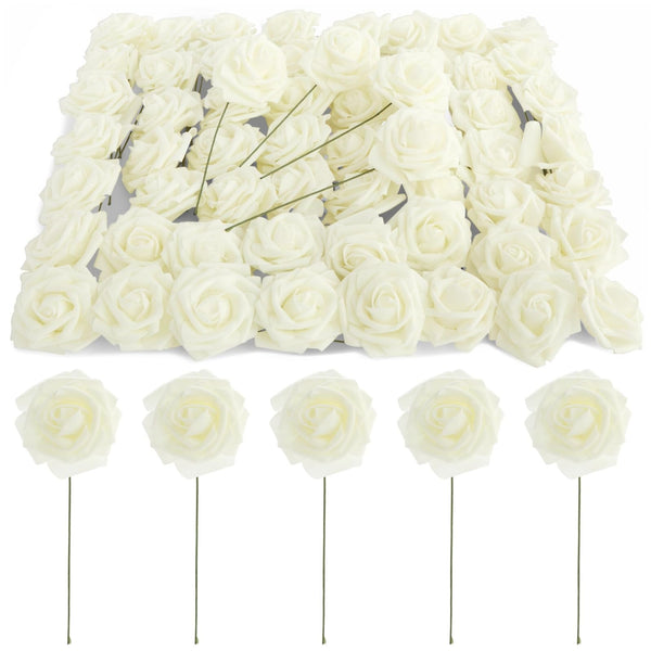 Bright Creations 3" Artificial Rose Flowers 60pcs Real Looking Fake Rose with Stem for DIY Wedding Bouquets and Bridal Shower, Cream - image 1